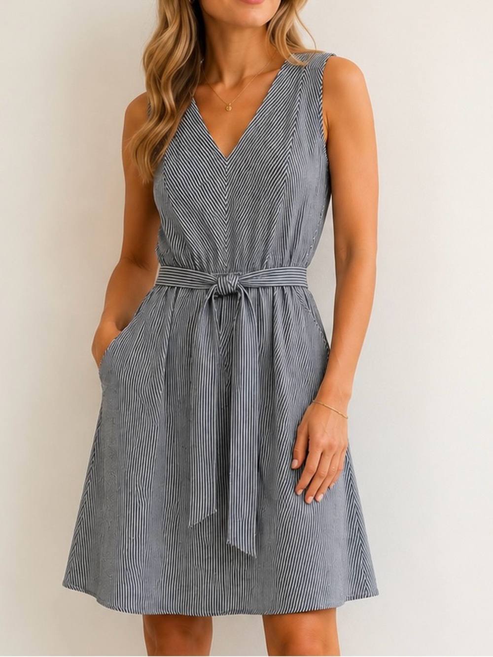 Monteau Los Angeles Blue & White Pinstripe Fit & Flare Dress w/ Pockets Size L